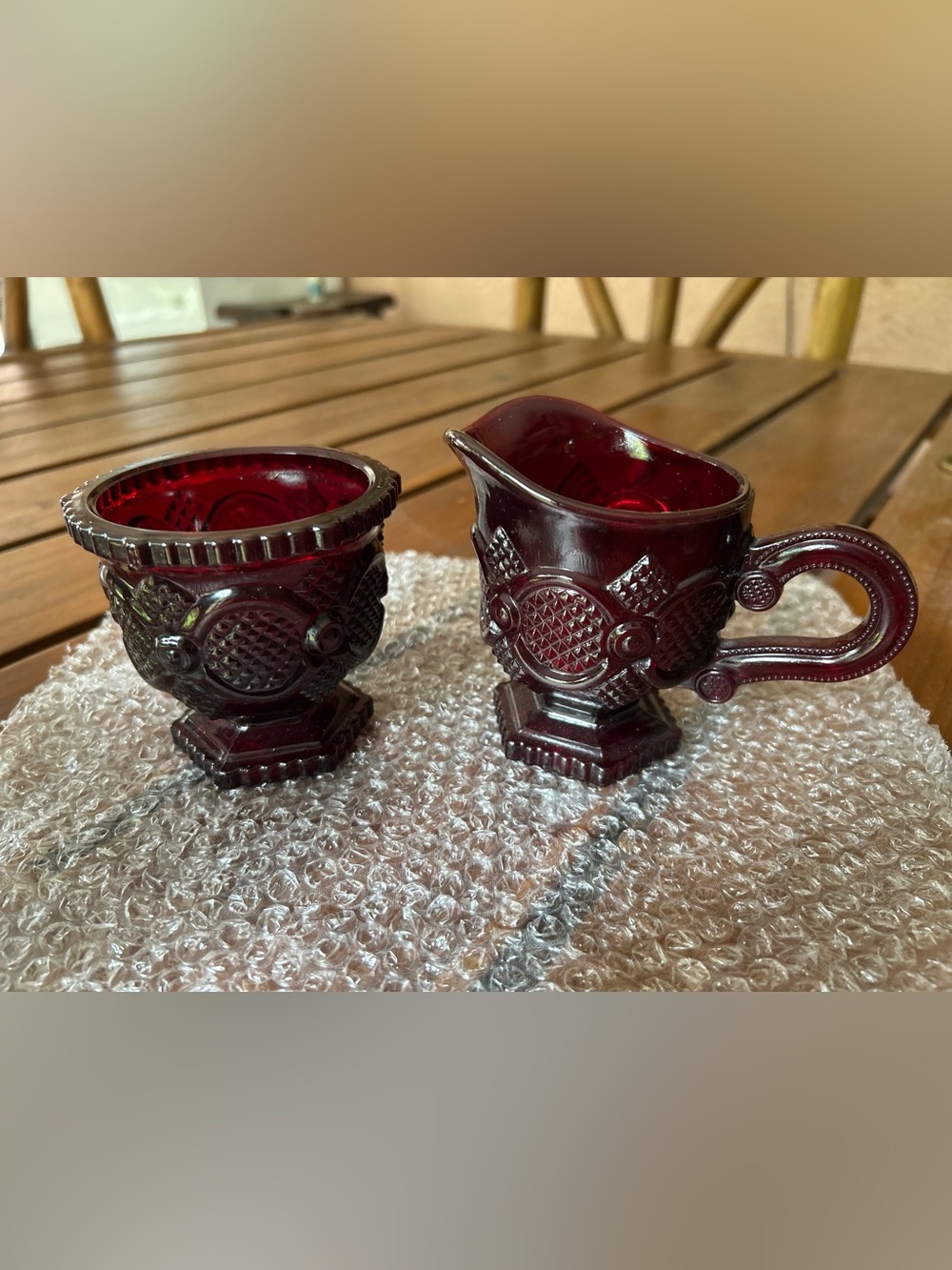 Avon Deep Ruby Red Glass Creamer and Sugar Set